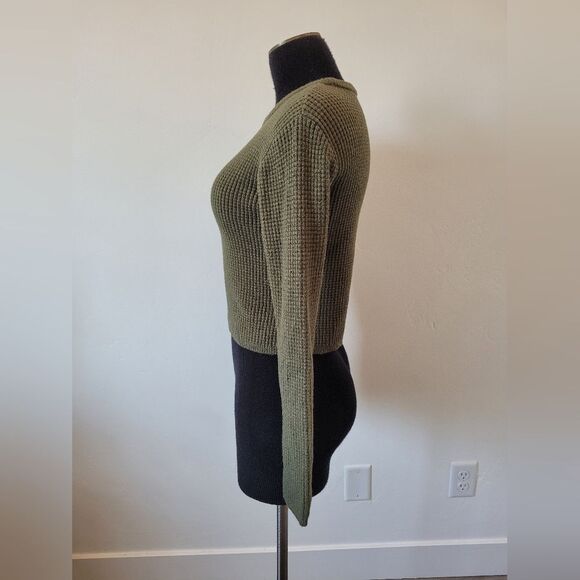 Poof Waffle Knit Pullover Shirt Thick Knit Olive Army Green Cropped Soft Girl M - Picture 3 of 9